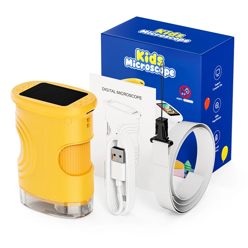 A yellow portable digital microscope for kids with an attached white accessory and a blue box.