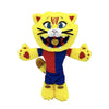 A yellow and orange football mascot cat plush toy with blue accents.