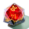 A red resin D20 die with gold numbers, featuring a liquid swirl effect on a dark background.