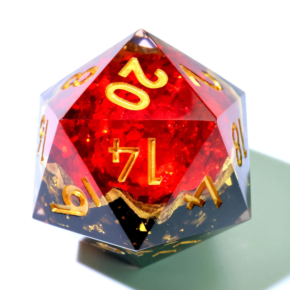 A red resin D20 die with gold numbers, featuring a liquid swirl effect on a dark background.