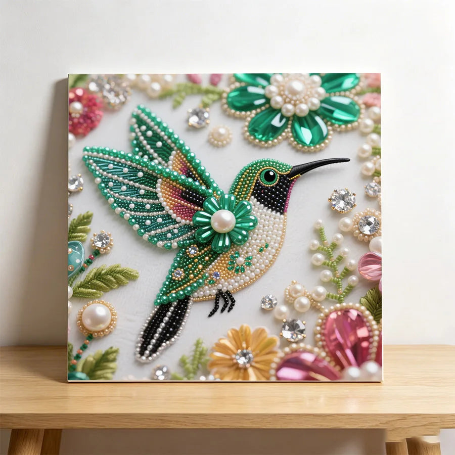 A diamond painting featuring a vibrant green and black bird adorned with sparkling pearls and gemstones.