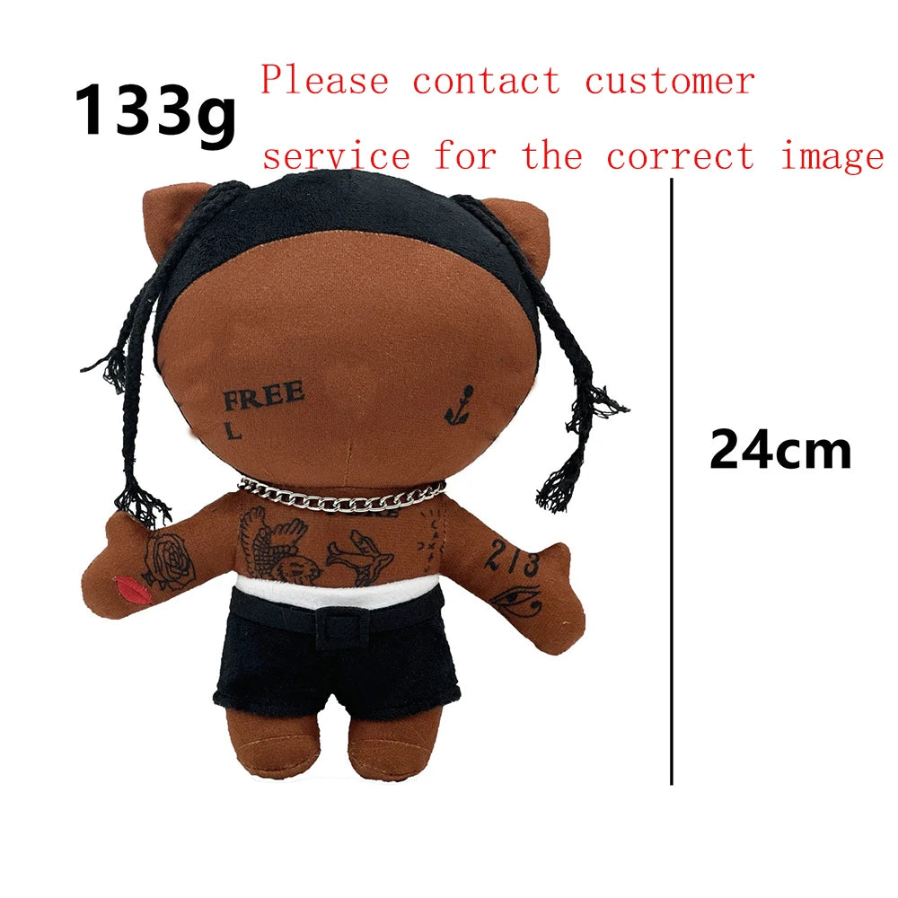 A brown plush doll resembling Eminem, XXXTentacion, and Frank Ocean with black hair and tattoos.