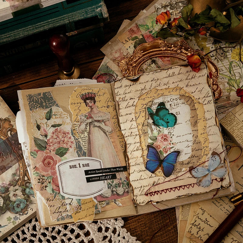 A vintage scrapbook paper pack featuring floral and rustic designs used for junk journals and DIY crafts.