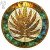 A circular wooden puzzle featuring a detailed depiction of a feather or leaf design.