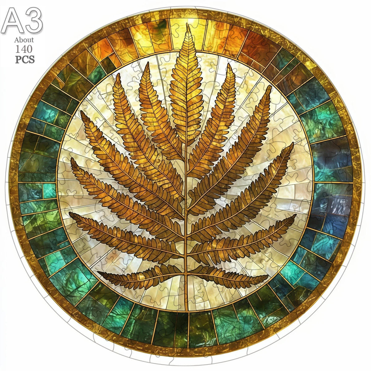 A circular wooden puzzle featuring a detailed depiction of a feather or leaf design.