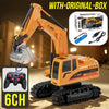 An orange remote control excavator model with an original box and accessories, featuring a 6-channel control system.