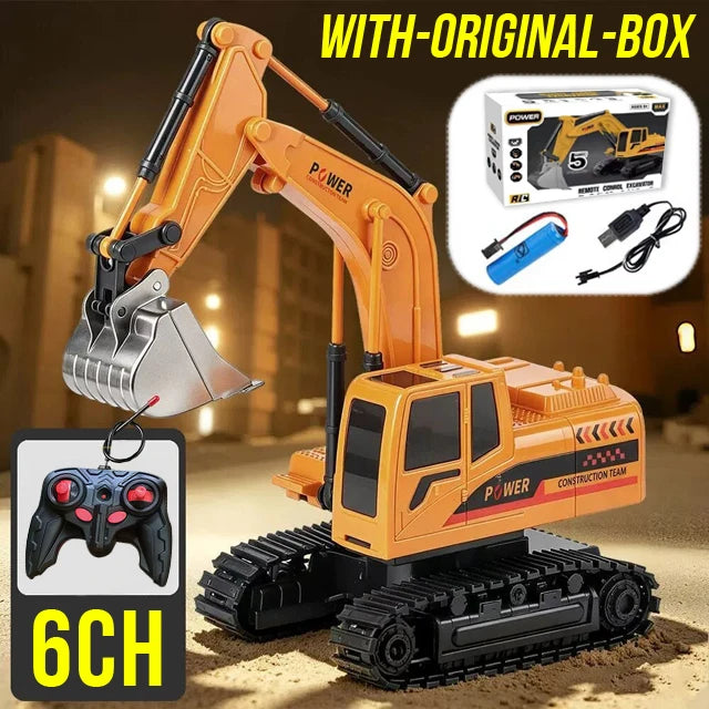 An orange remote control excavator model with an original box and accessories, featuring a 6-channel control system.