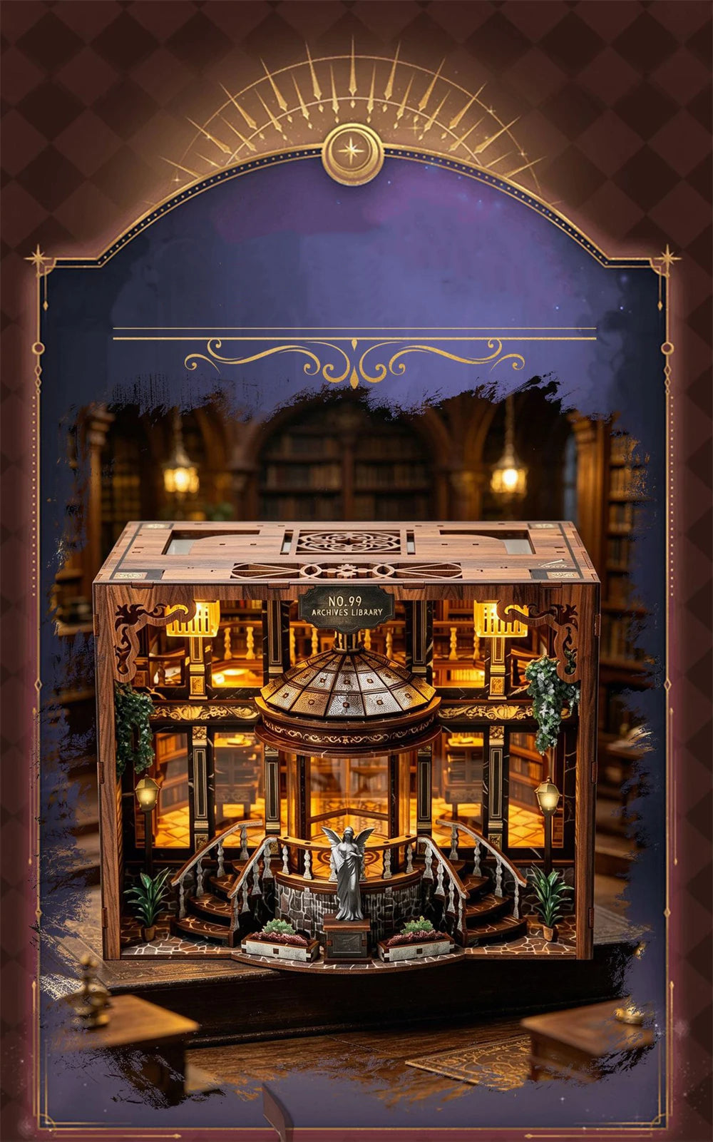 A detailed miniature library model built from wood and glass with internal LED lighting.