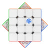 A white and blue magnetic speed cube puzzle with a green, orange, and red border.