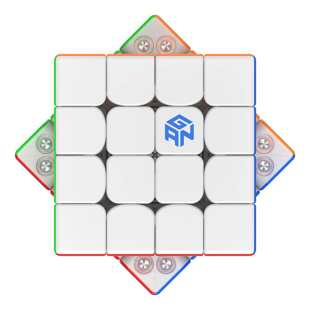 A white and blue magnetic speed cube puzzle with a green, orange, and red border.