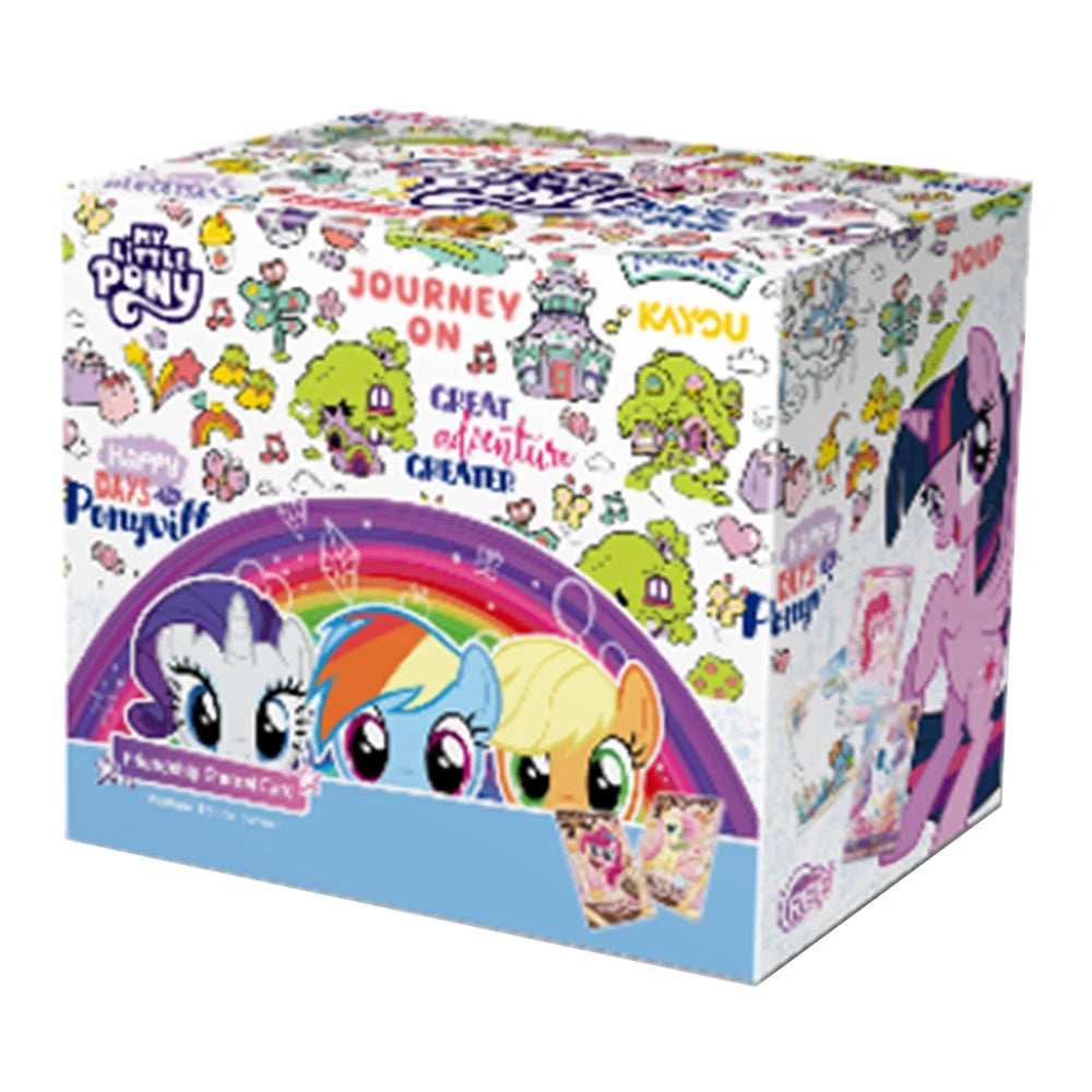A box of My Little Pony Friendship Eternal Moon Edition collectible trading cards featuring various ponies and journey themes