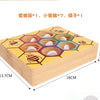 A wooden Montessori bee trap game featuring hexagonal beads and a wooden box, designed for logic and fine motor skills.
