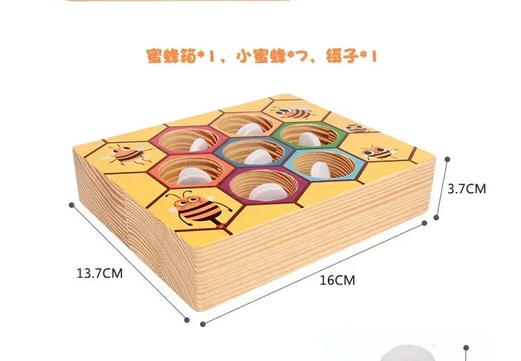 A wooden Montessori bee trap game featuring hexagonal beads and a wooden box, designed for logic and fine motor skills.