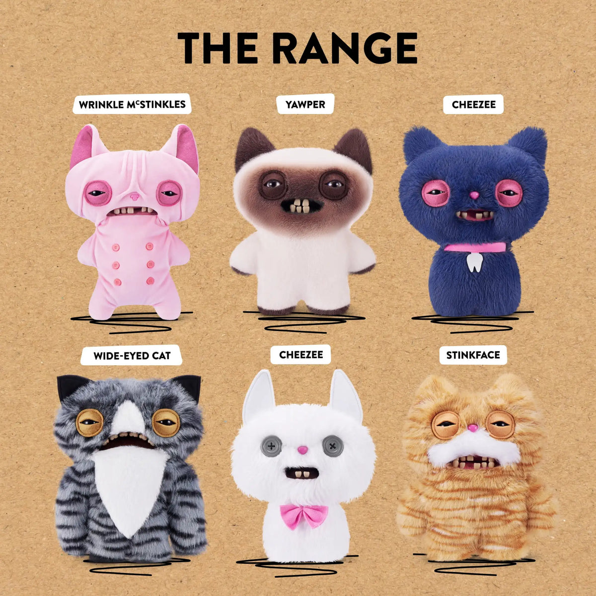 A collection of nine plush cat toys including a pink Wrinkle McStinkles, a yawper, a cheezee, a blue cat, a wide-eyed cat, an