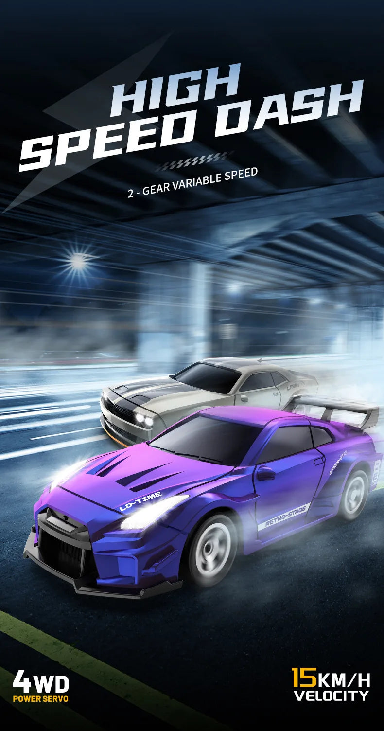 A purple high-speed dash mini 4WD remote control car is shown in a dynamic racing context.