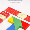 A colorful wooden tangram puzzle featuring geometric shapes like triangles, squares, and a heart.
