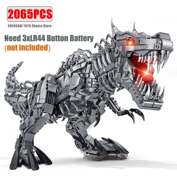 A highly detailed silver mechanical Tyrannosaurus Rex building block model with glowing red eyes.