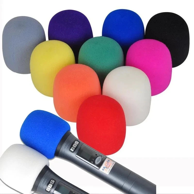 A collection of colorful foam windscreen pop filters and microphone covers arranged in a circle.