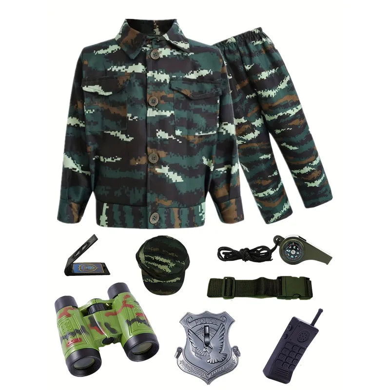 Kids camouflage army costume set including a jacket, pants, and various accessories