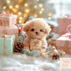 A fluffy light brown puppy plush toy sitting among wrapped gifts and pinecones with a blurred festive background.