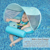 A baby is seated in a blue swim float with a canopy and tail support, designed for indoor and outdoor use.