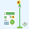 A green automatic sunflower bubble machine with a long pole and battery is shown next to its components.