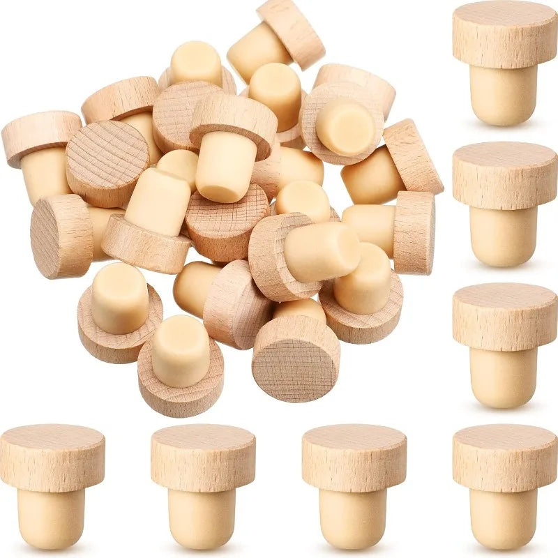 A set of ten reusable T-shaped wooden wine bottle stoppers in natural wood color.