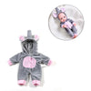 A gray cozy winter romper outfit for a reborn doll, featuring pink accents and ears.