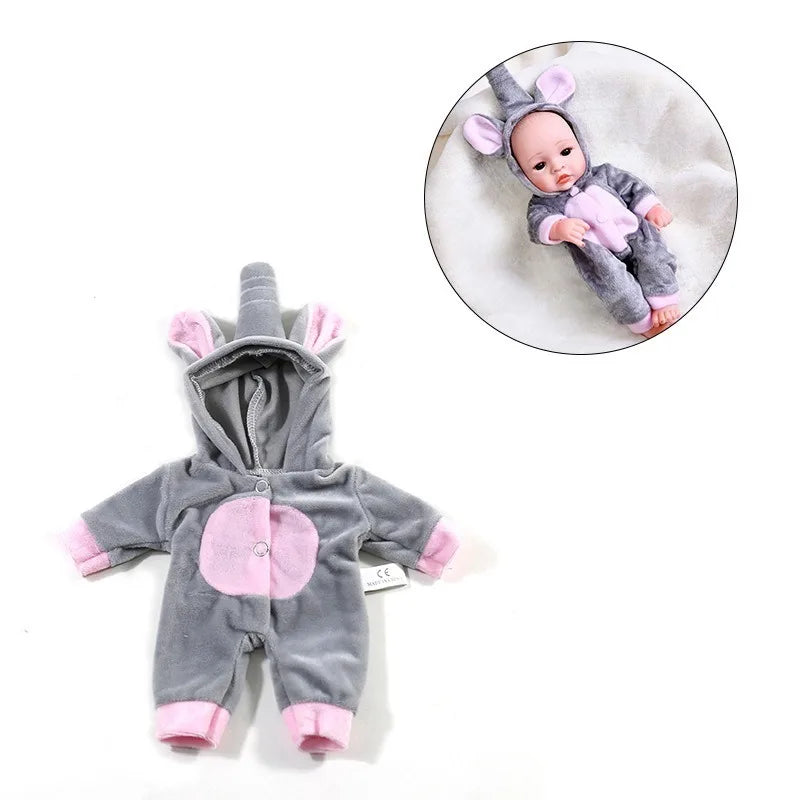 A gray cozy winter romper outfit for a reborn doll, featuring pink accents and ears.