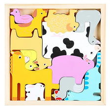 A wooden tangram puzzle board featuring various animal shapes in yellow, pink, and gray.