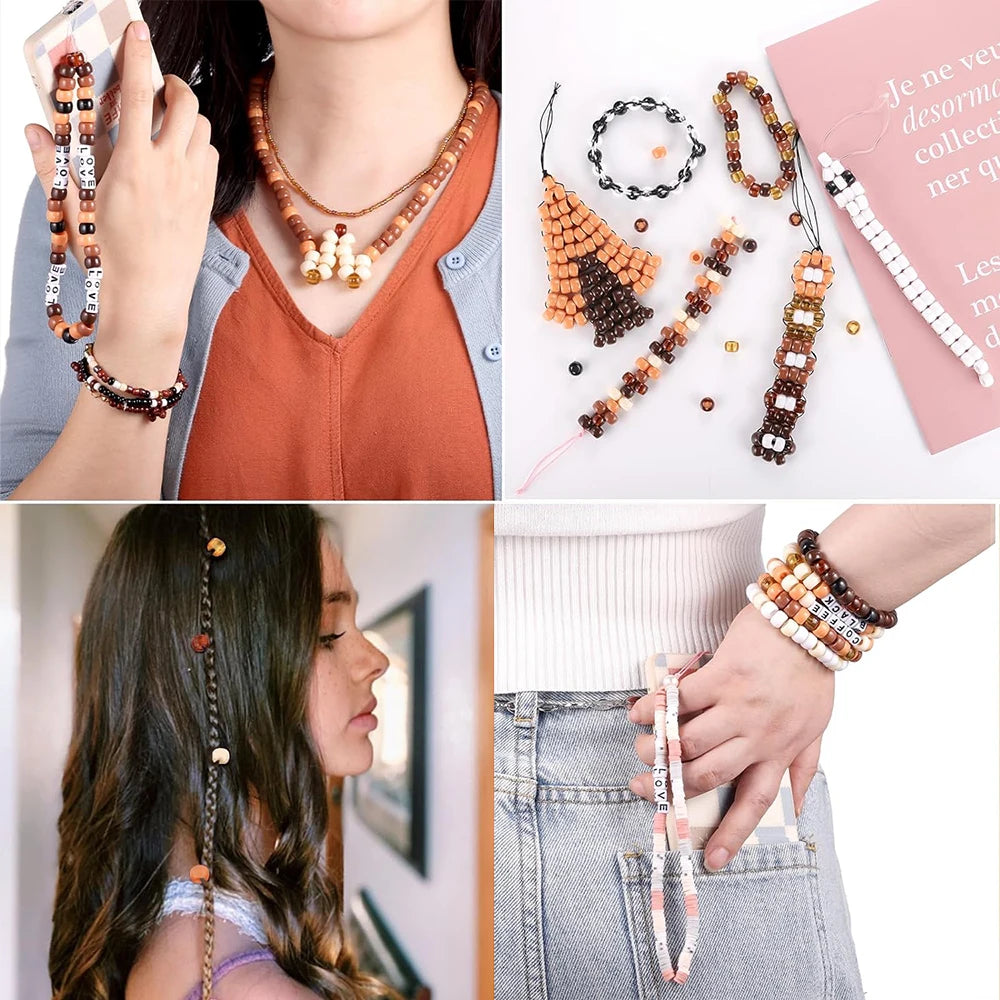 A collection of multicolor pony beads used for jewelry making, including necklaces and bracelets.