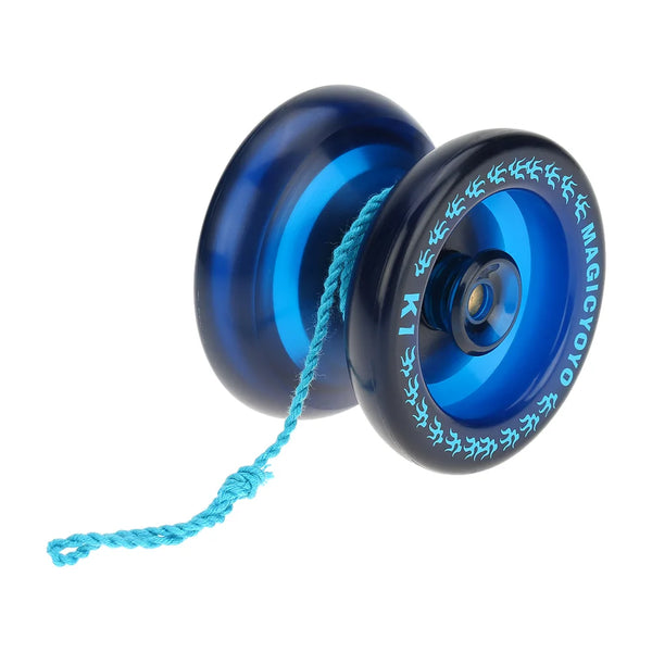 A blue professional magic yoyo with a string attached, shown against a white background.