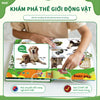 A child interacts with a bilingual talking book featuring animal sounds and pictures.