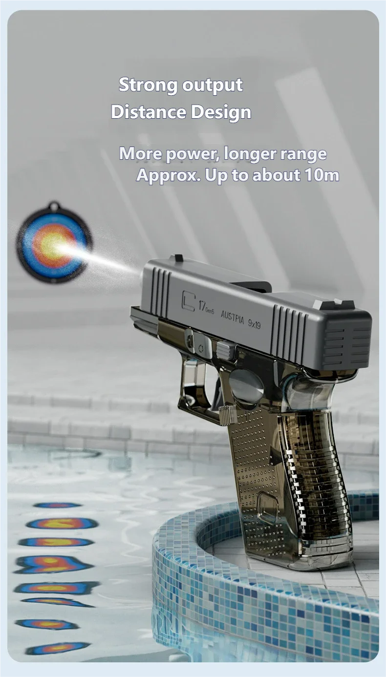A silver water blaster gun is shown firing a powerful stream of water into a pool.