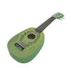 A green ukulele with a wooden body and neck, shown from the side.