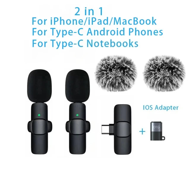 A set of two black wireless lavalier microphones and an iOS adapter for various devices.