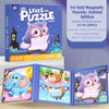 A tri-fold magnetic puzzle set featuring an owl animal edition with colorful pieces and a wooden box.
