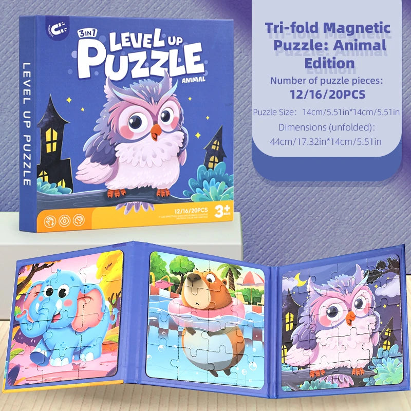 A tri-fold magnetic puzzle set featuring an owl animal edition with colorful pieces and a wooden box.