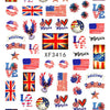 A collection of USA flag and British flag nail decals featuring stars, stripes, and patriotic themes.