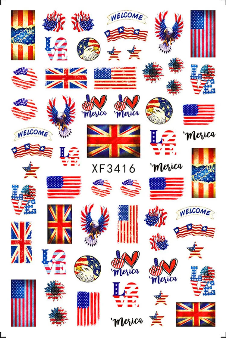 A collection of USA flag and British flag nail decals featuring stars, stripes, and patriotic themes.