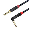 A close-up view of a black and red instrument guitar cable with a right-angle connector tip.