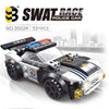 A black and yellow police car building block set featuring a SWAT race vehicle design.