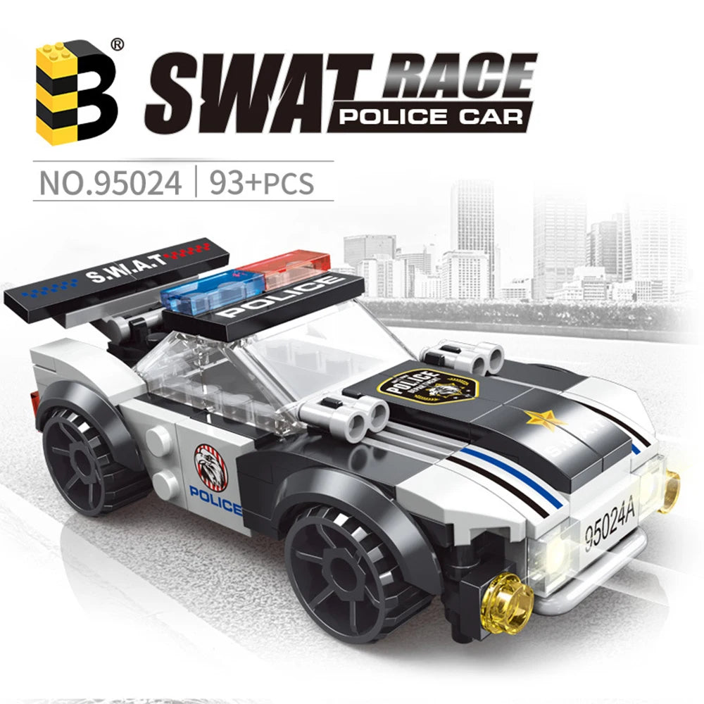 A black and yellow police car building block set featuring a SWAT race vehicle design.