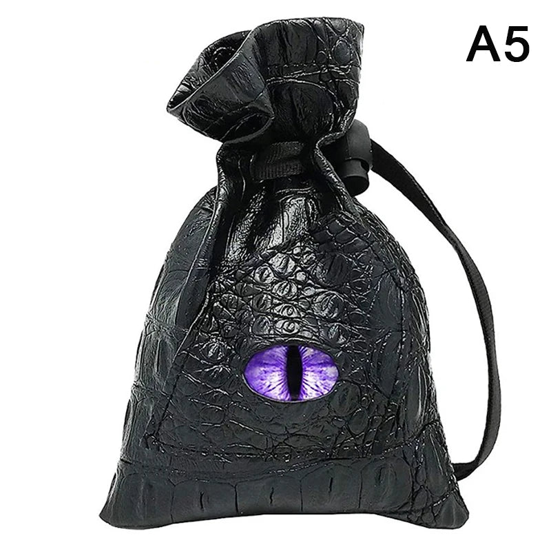 Black PU leather drawstring dice bag with an organizer compartment and a purple eye design