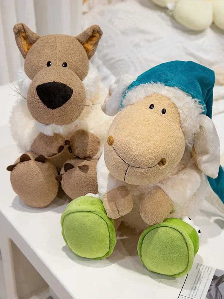 A soft plush toy of a wolf dressed in sheep's clothing, featuring brown fur and white wool with a blue hood.