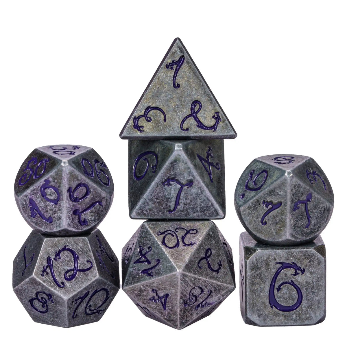 Premium Metal Polyhedral Dice Set with Dragon Font