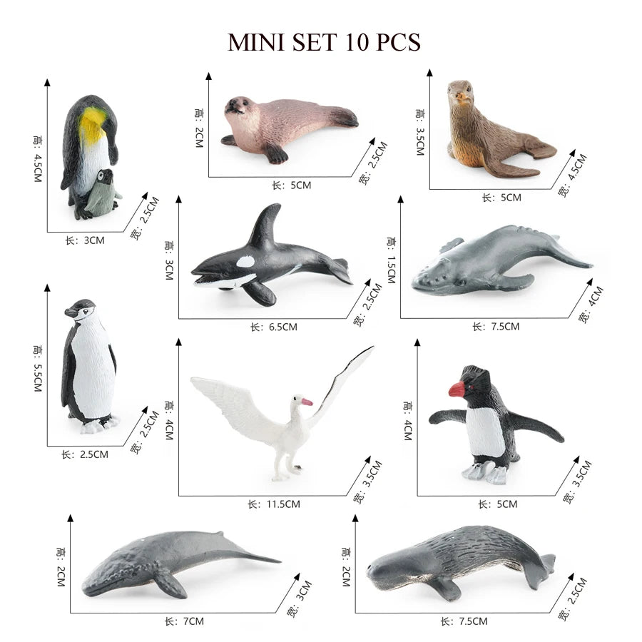 A mini set of 10 realistic ocean animal figurines including a whale, shark, dolphin, turtle, and penguins.