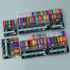 A collection of metallic glitter gel pens in various colors and shades arranged in rectangular packs.