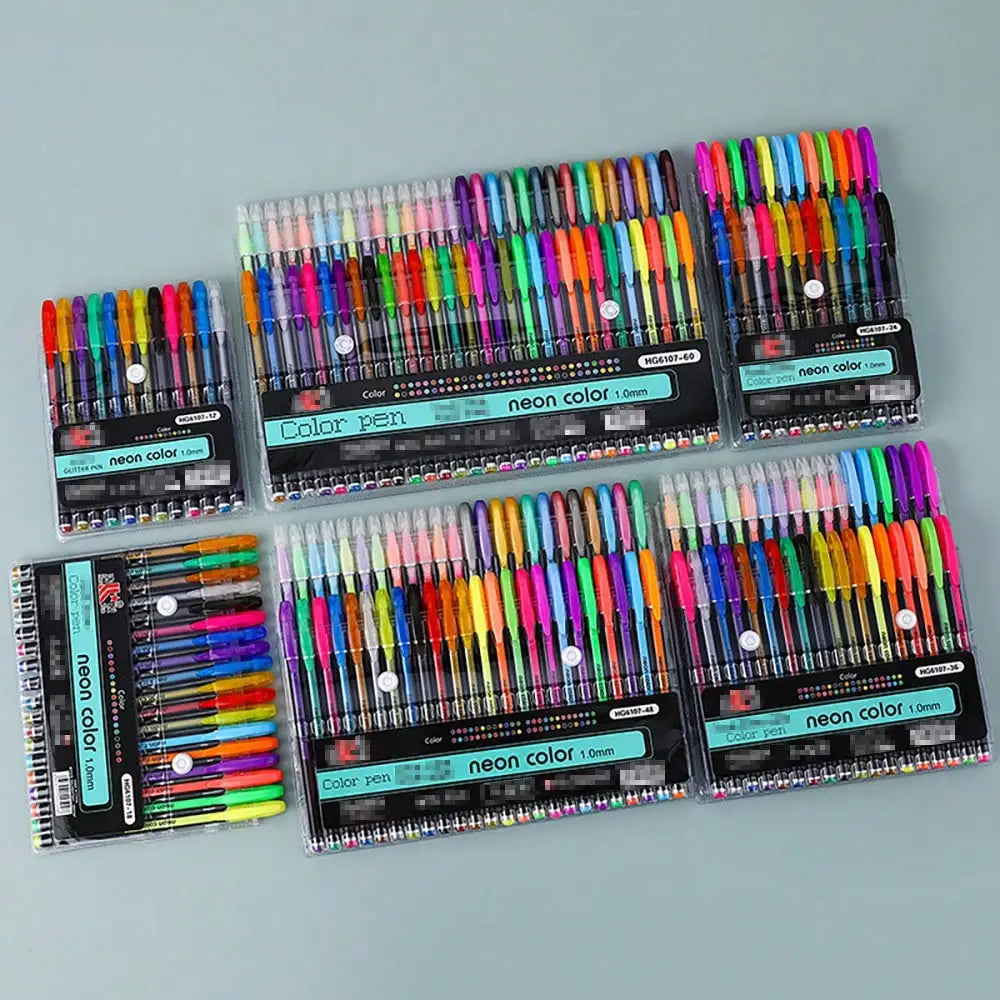 A collection of metallic glitter gel pens in various colors and shades arranged in rectangular packs.