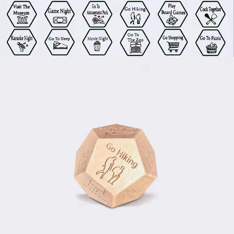 A wooden die showing a hiking icon, part of a couple's food decision dice set.